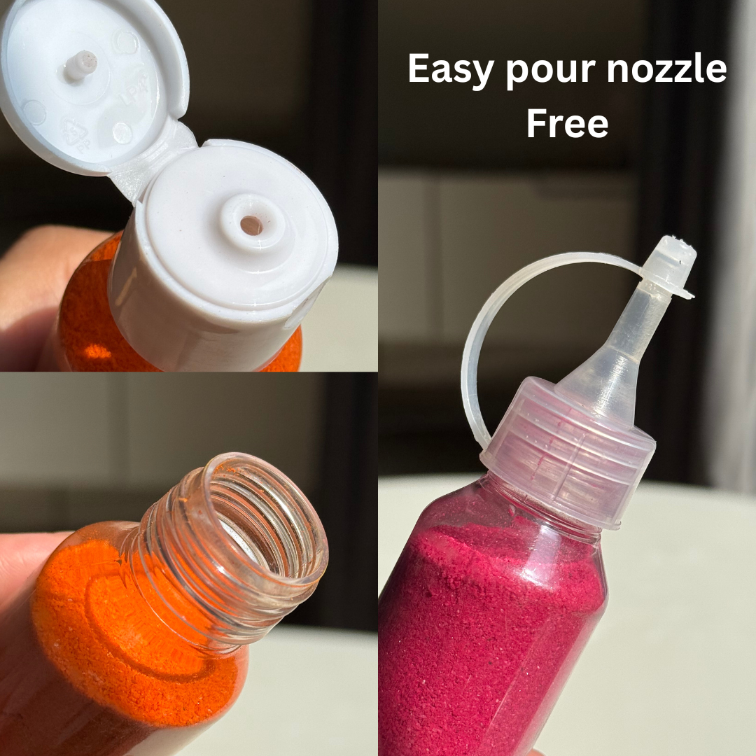 The Festive Rangoli Box (set of 8 Rangoli Powder Colours + 2 FREE Rangoli Stencils + 1 easy pour nozzle)