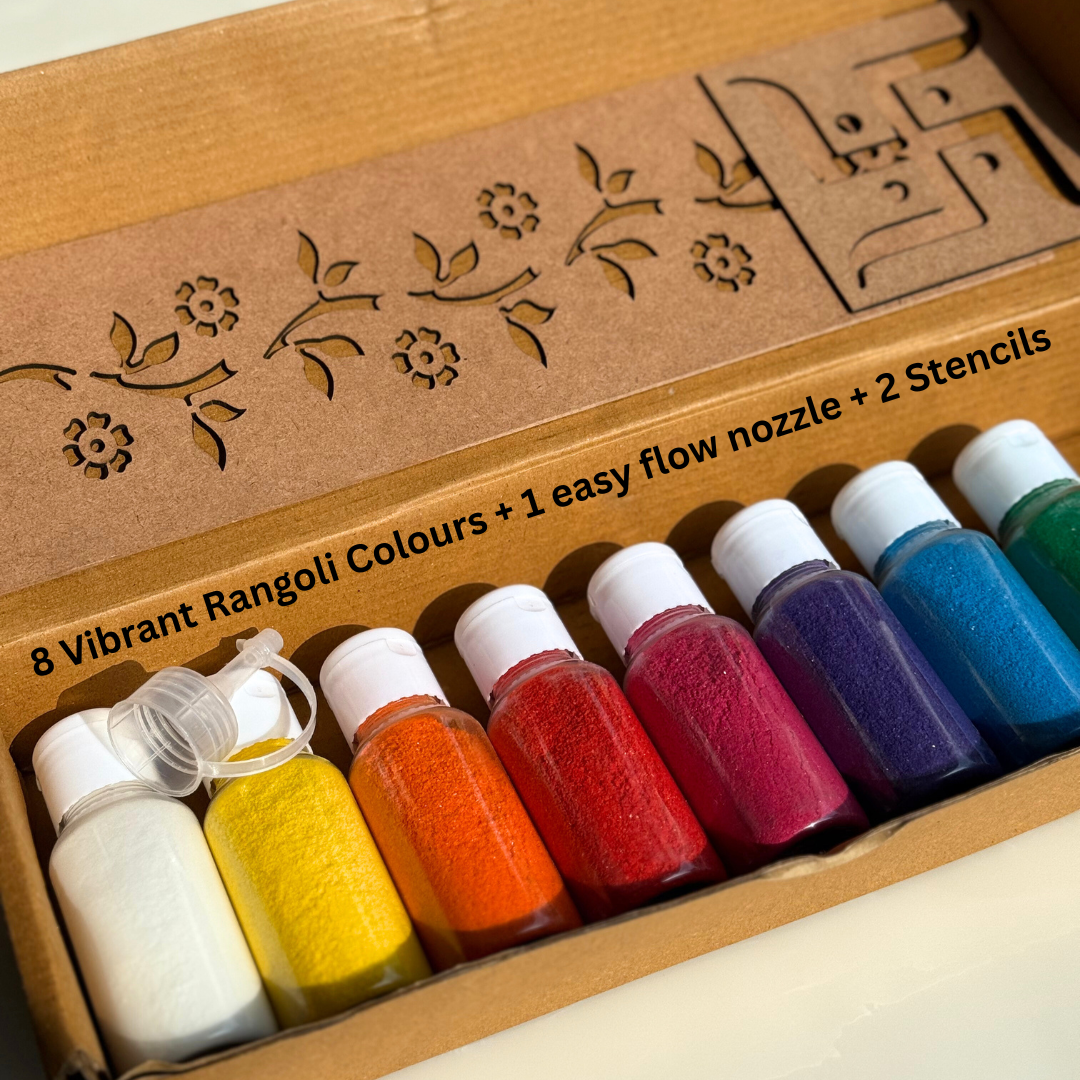 The Festive Rangoli Box (set of 8 Rangoli Powder Colours + 2 FREE Rangoli Stencils + 1 easy pour nozzle)