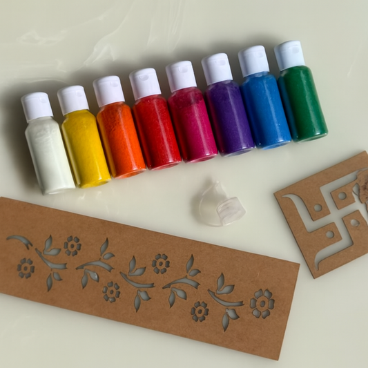 The Festive Rangoli Box (set of 8 Rangoli Powder Colours + 2 FREE Rangoli Stencils + 1 easy pour nozzle)