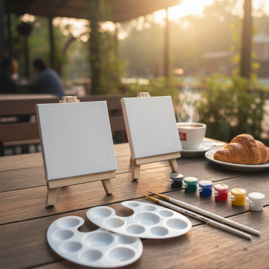 Mini Painting Kit | Mini Canvas Acrylic Painting Kit with Wood Easel, 4x4 inch Canvas, 6 Acrylic Paints, Brushes and colour mixing Palette