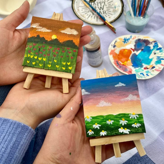 Mini Painting Kit | Mini Canvas Acrylic Painting Kit with Wood Easel, 4x4 inch Canvas, 6 Acrylic Paints, Brushes and colour mixing Palette